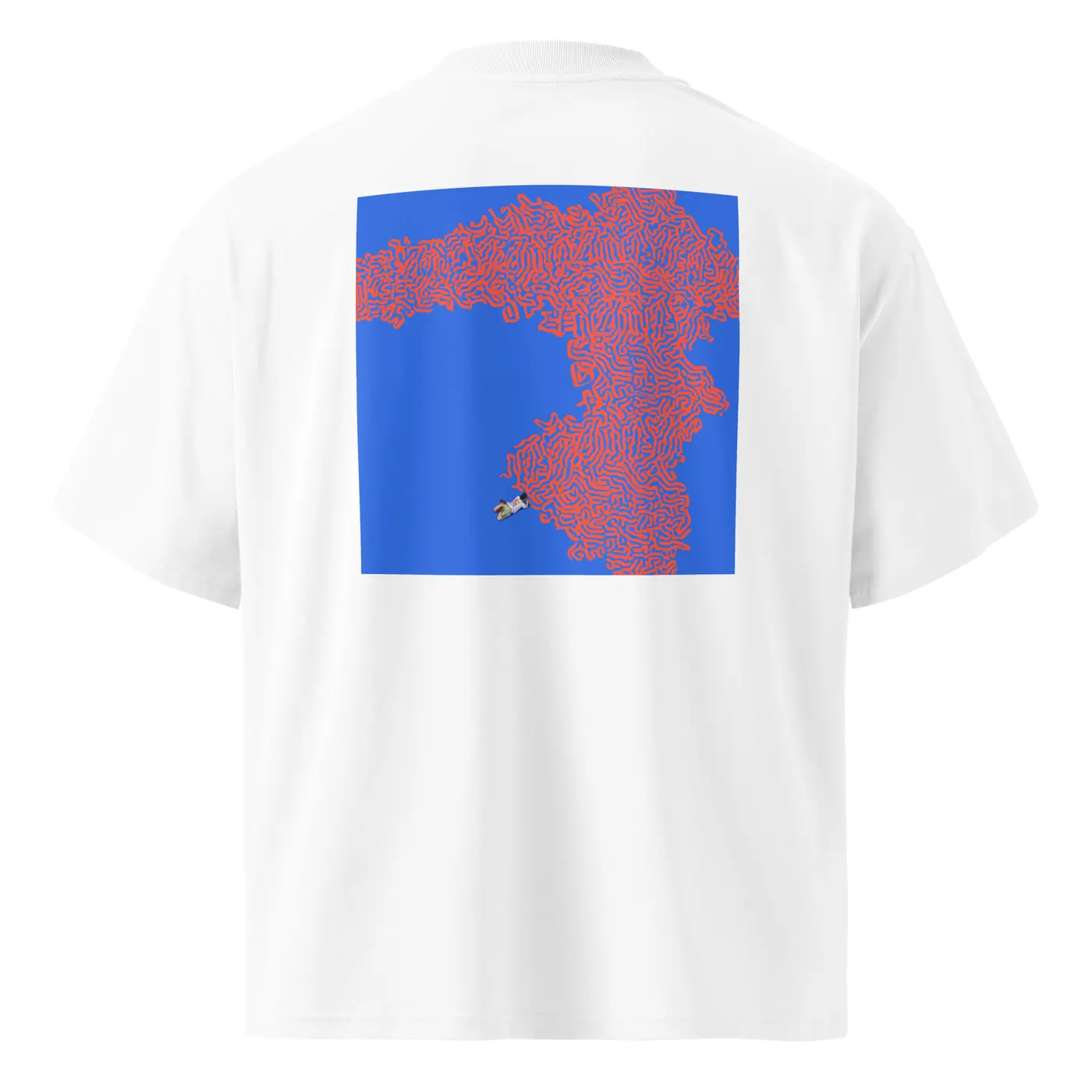 Back of white RAAMO T-shirt showing the full blue and coral artwork