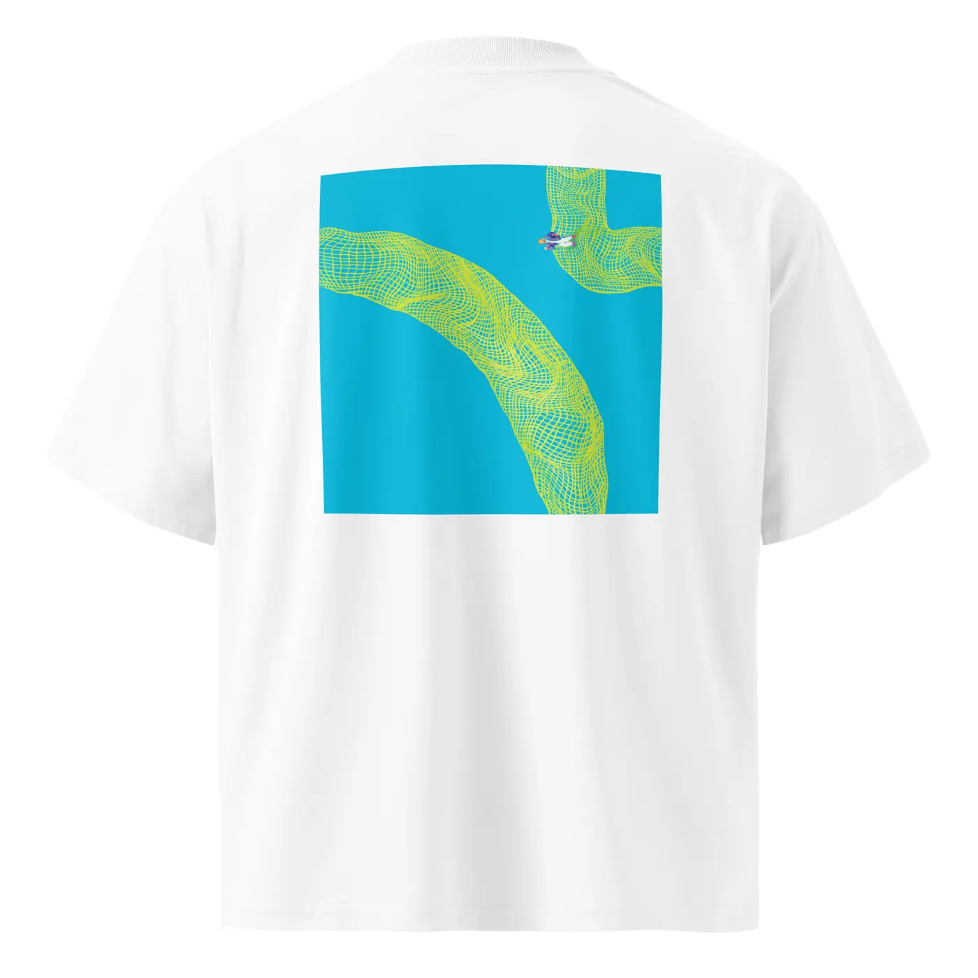 Back of white RAAMO T-shirt showing the full cyan and acid artwork