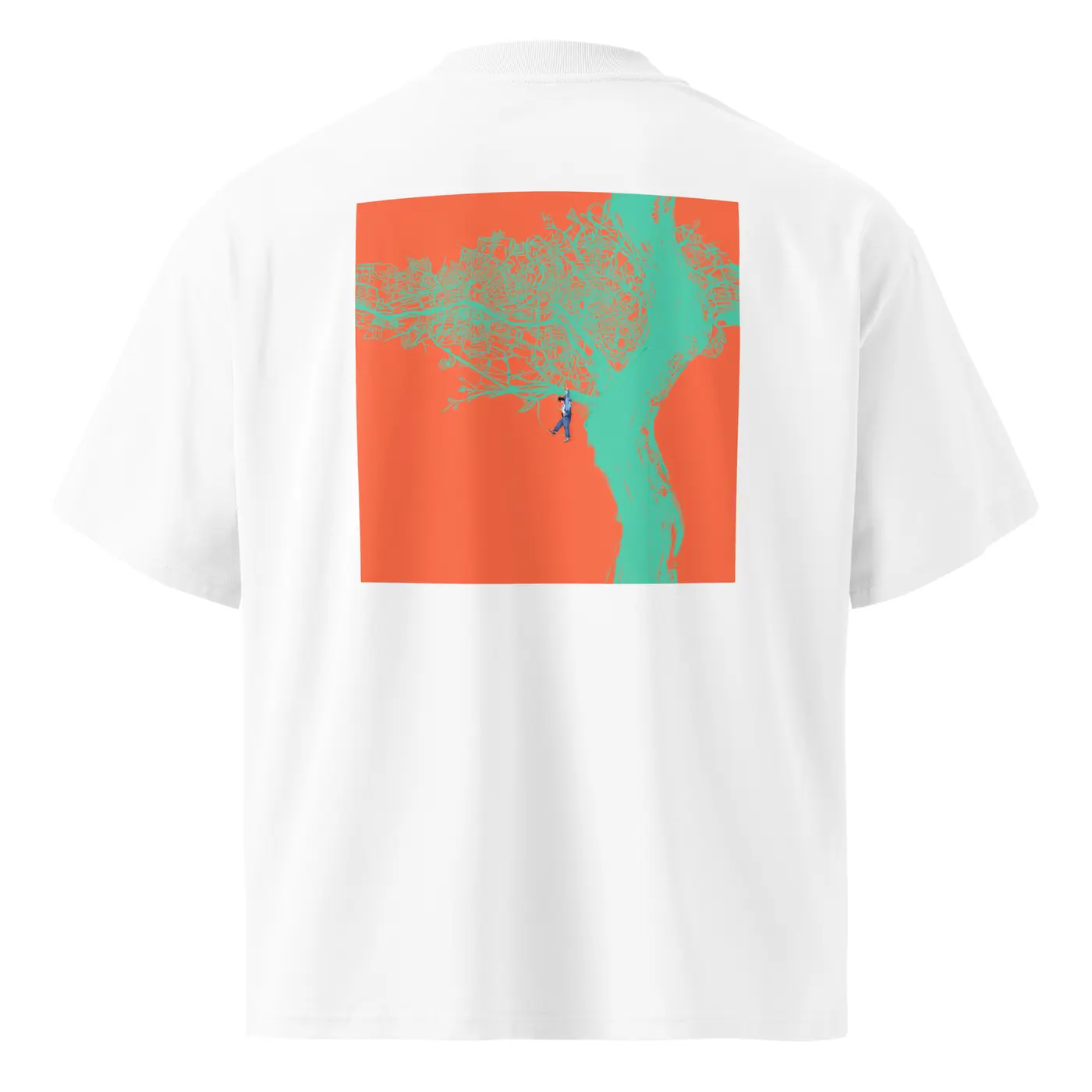 Back of white RAAMO T-shirt showing the full coral and mint artwork